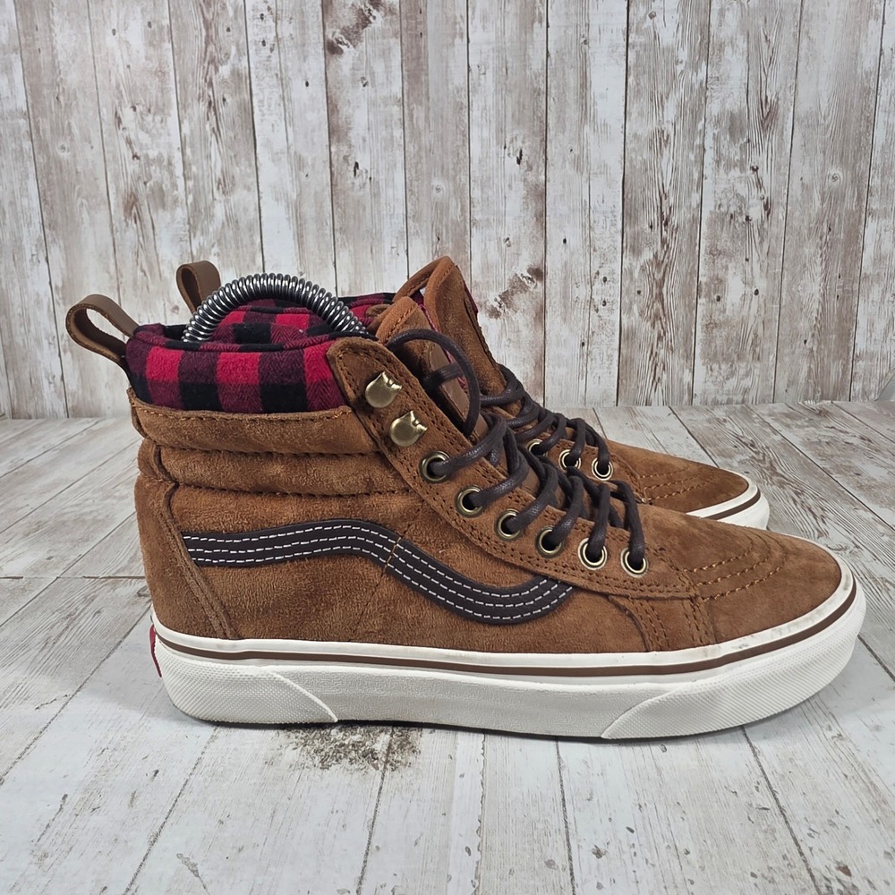 Vans Sk8-Hi MTE Brown Suede Plaid Flannel High Top Sneakers Womens 7 Mens 5.5